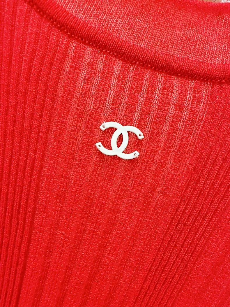 Chanel 26M Red Double C Vertical Ribbed Short-Sleeve Knit Top