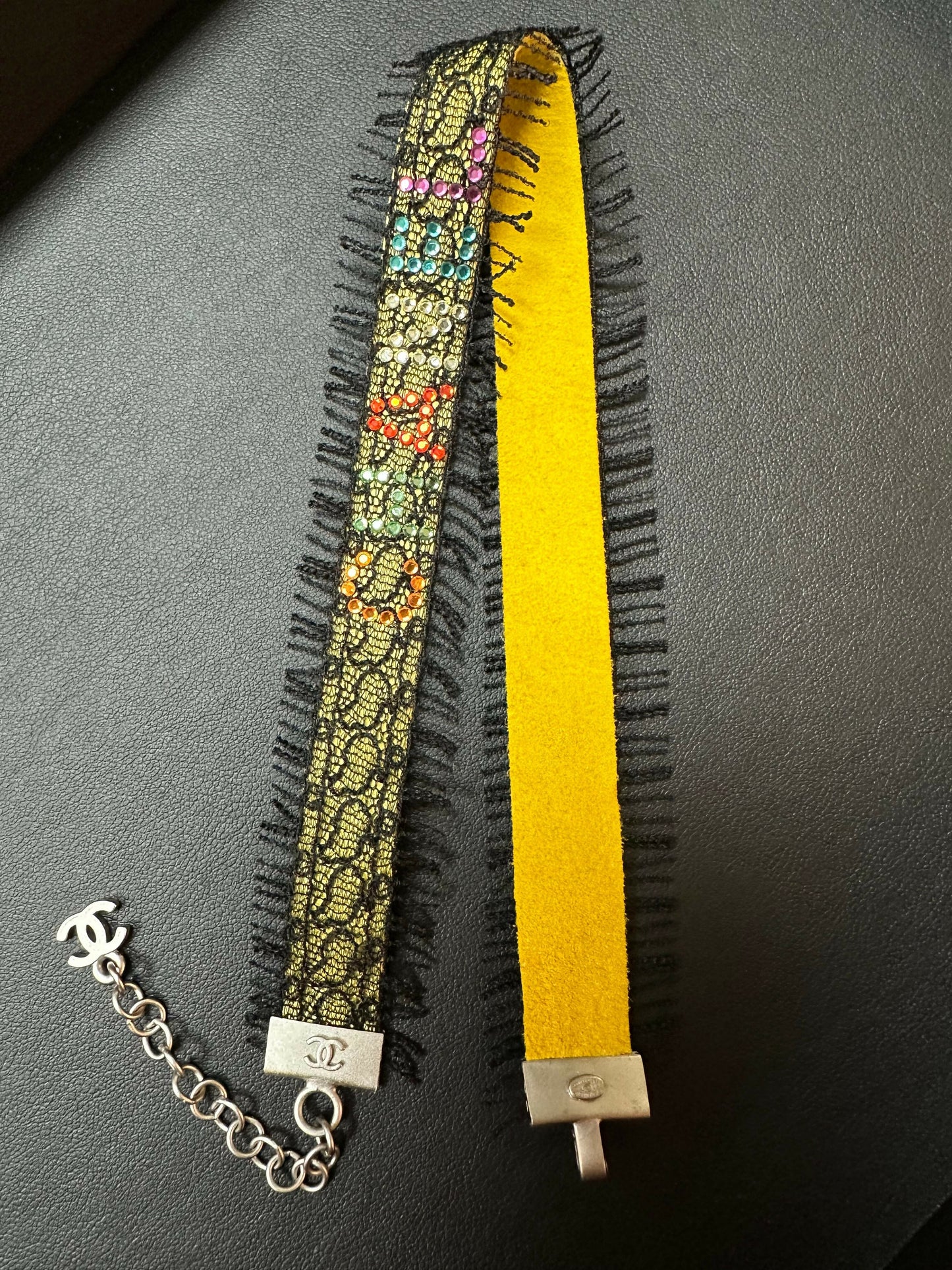 Chanel Vintage 2000 Lace Fringe Yellow & Rhinestone CHANEL Motif Necklace Choker
