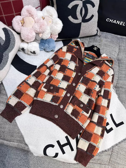 Chanel 18c Khaki and Orange Check cardigan