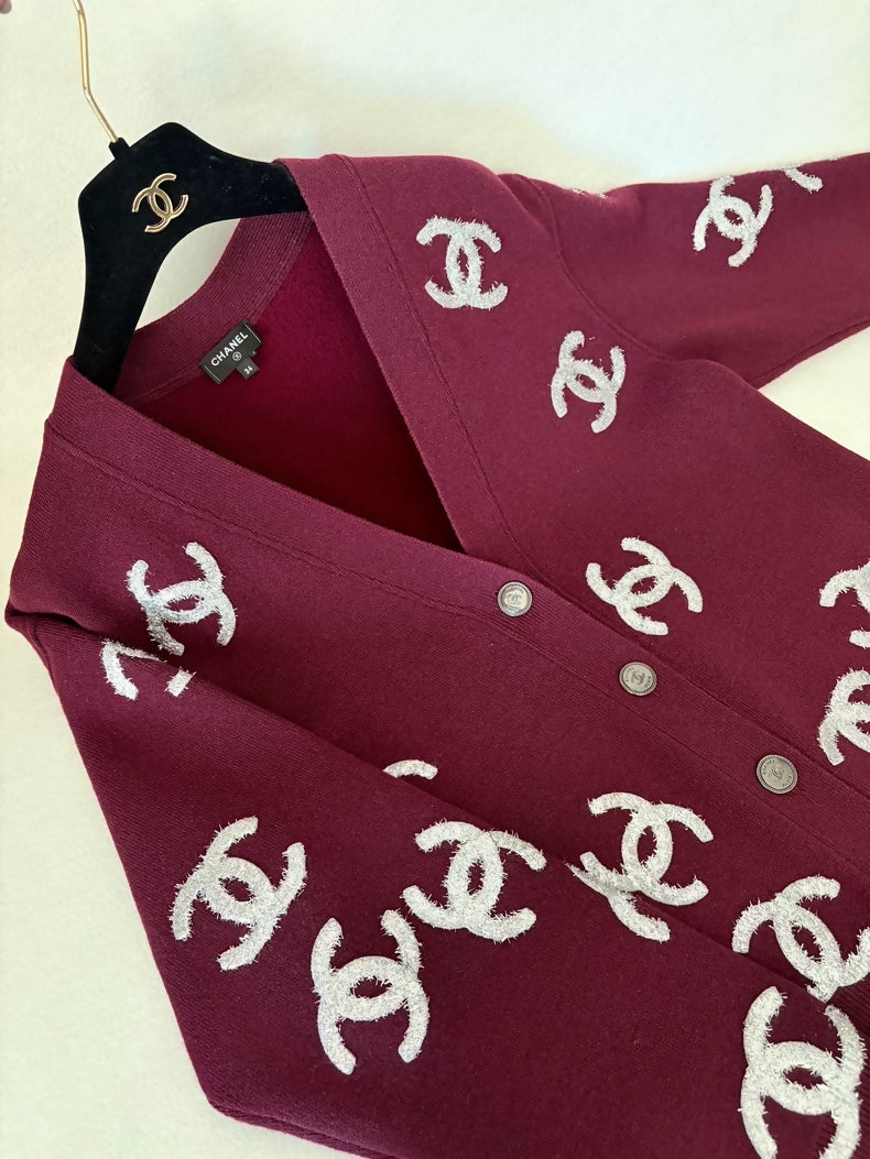 Chanel 22A Burgundy Sequined Logo Cashmere Knit Cardigan