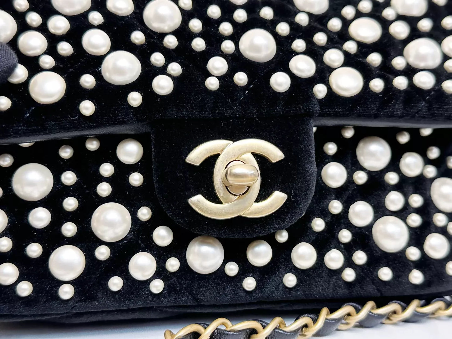 Chanel 2022 Mini Flap Bag in Black Velvet with Pearls and Gold Hardware