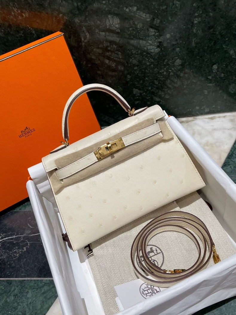 Hermes Mini Kelly 20 Nata Cream White Ostrich leather with gold hardware