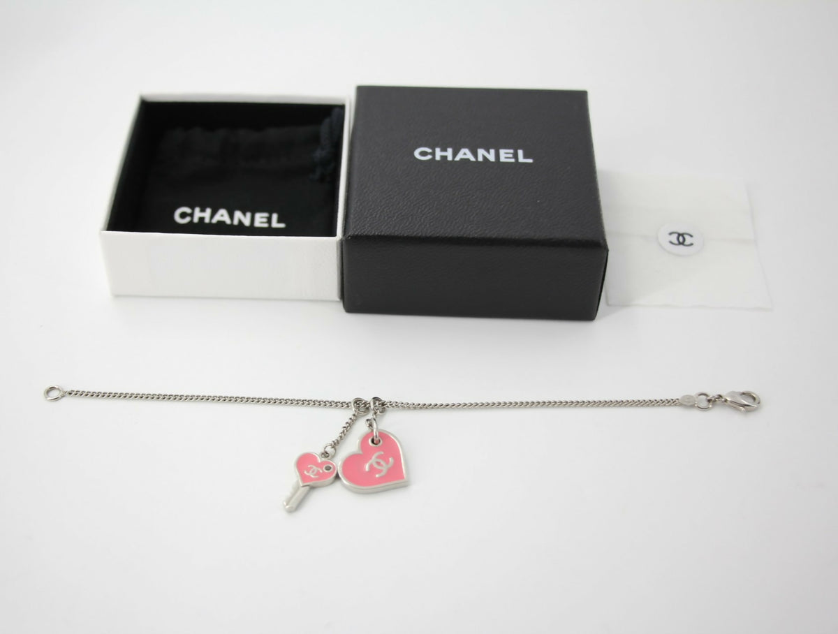 Chanel 07P Enamel Pink Heart Key Charm Silver Chain Bracelet