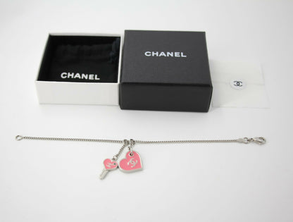 Chanel 07P Enamel Pink Heart Key Charm Silver Chain Bracelet