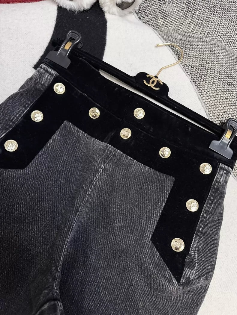 Chanel 20A black and grey velvet patchwork denim jeans