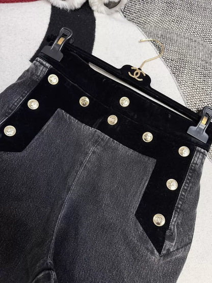 Chanel 20A black and grey velvet patchwork denim jeans