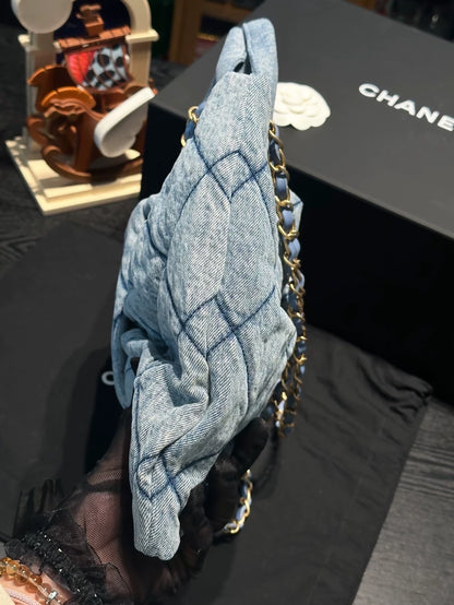 Chanel 25 light blue denim bow bag with gold hardware chain