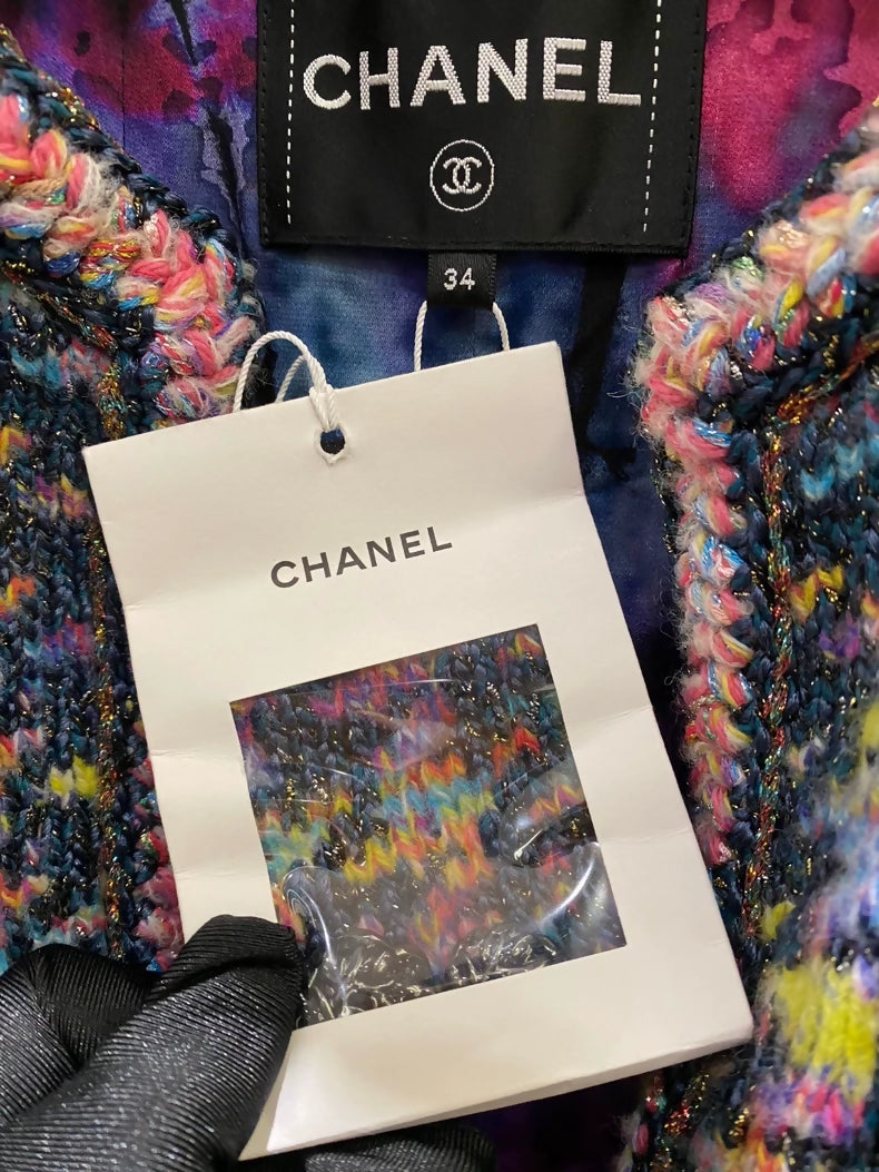 Chanel 2022 Blue Pink Houndstooth Tweed Jacket