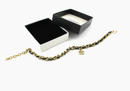 Chanel Vintage 95P Rhinestone Gold-plated Black Leather Chain CC Choker