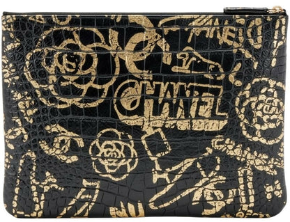 Chanel 19A Paris New York Egyptian Croc Embossed Graffiti Medium O Case Clutch