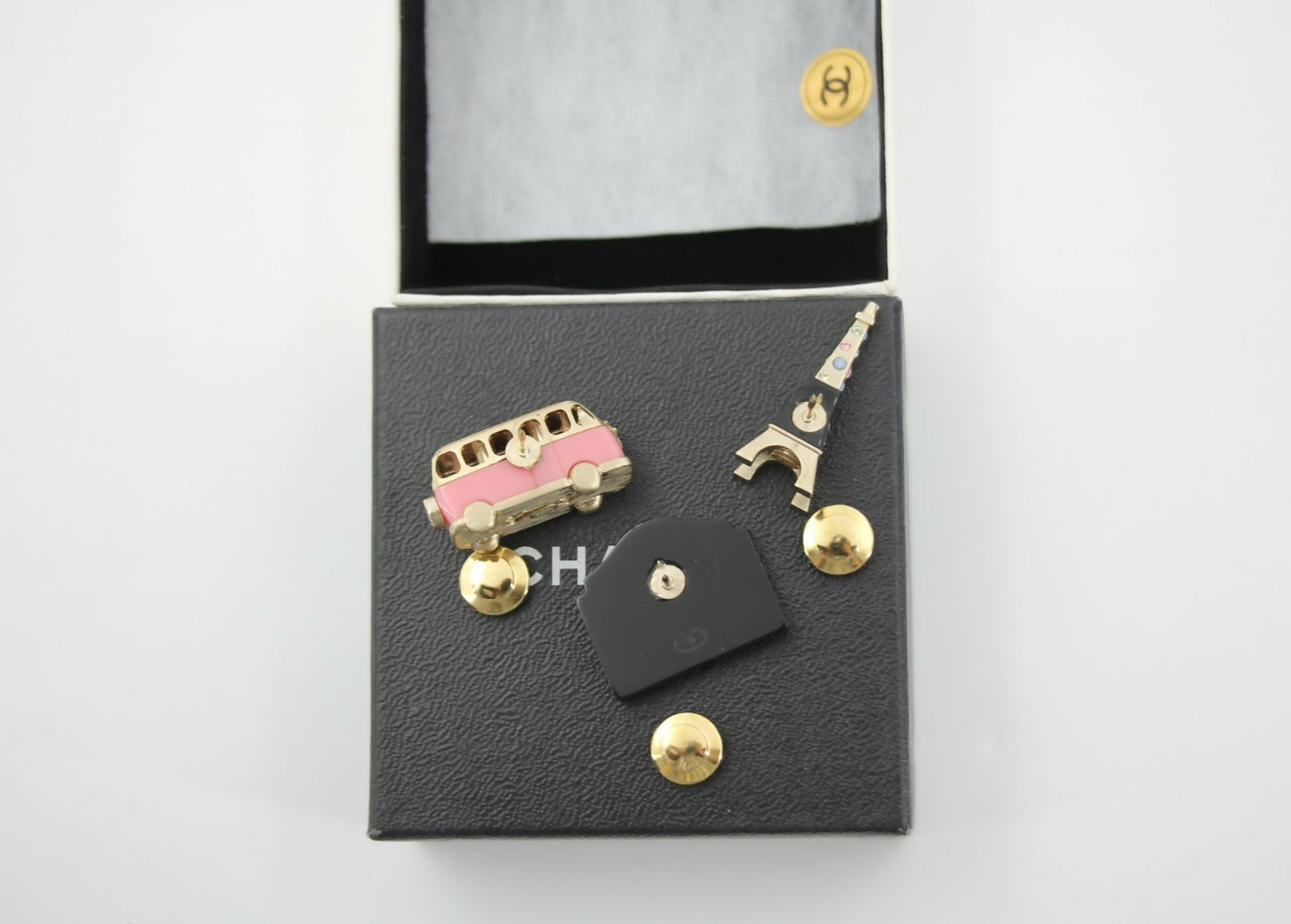 Chanel 06C Metal Pink Bus Eiffel Tower and Pink Bag Trio Brooch Set