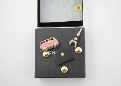 Chanel 06C Metal Pink Bus Eiffel Tower and Pink Bag Trio Brooch Set