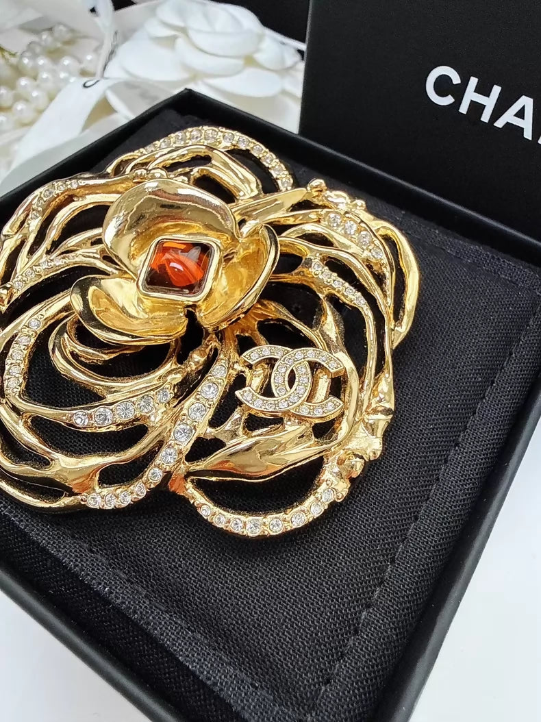 Chanel 24S Gold Camellia Glass Flower Brooch
