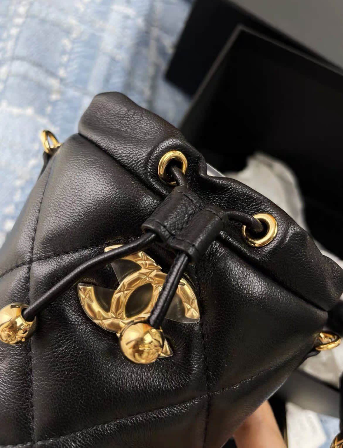 Chanel Mini Bucket Fluffy Chain Black Lambskin Gold Hardware Bag