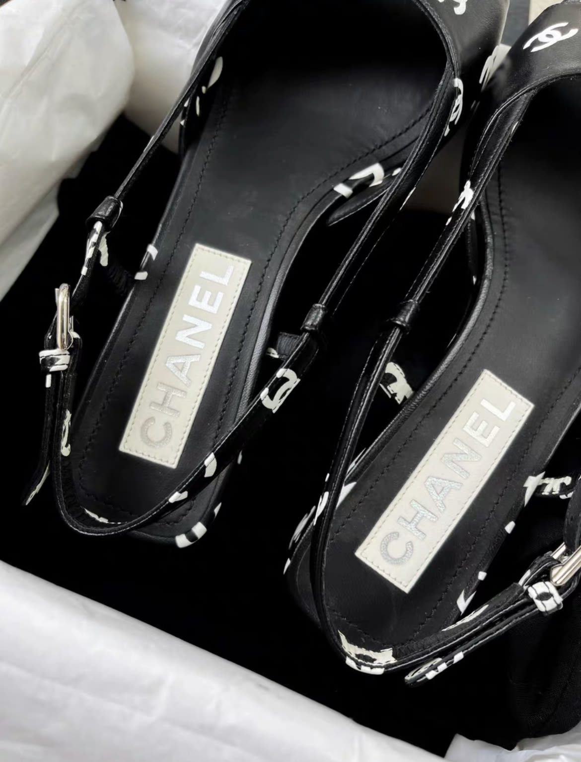 Chanel 22S  Black and White Double C Full Logo Slingback sandals