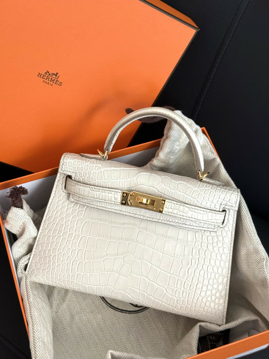 Hermès Mini Kelly II Bleu Glacier Matte Porosus Crocodile with Gold Hardware