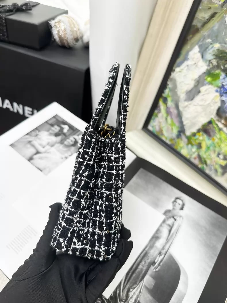 Chanel 24K Kelly Nano black and white tweed sequined shoulder bag with gold hardware