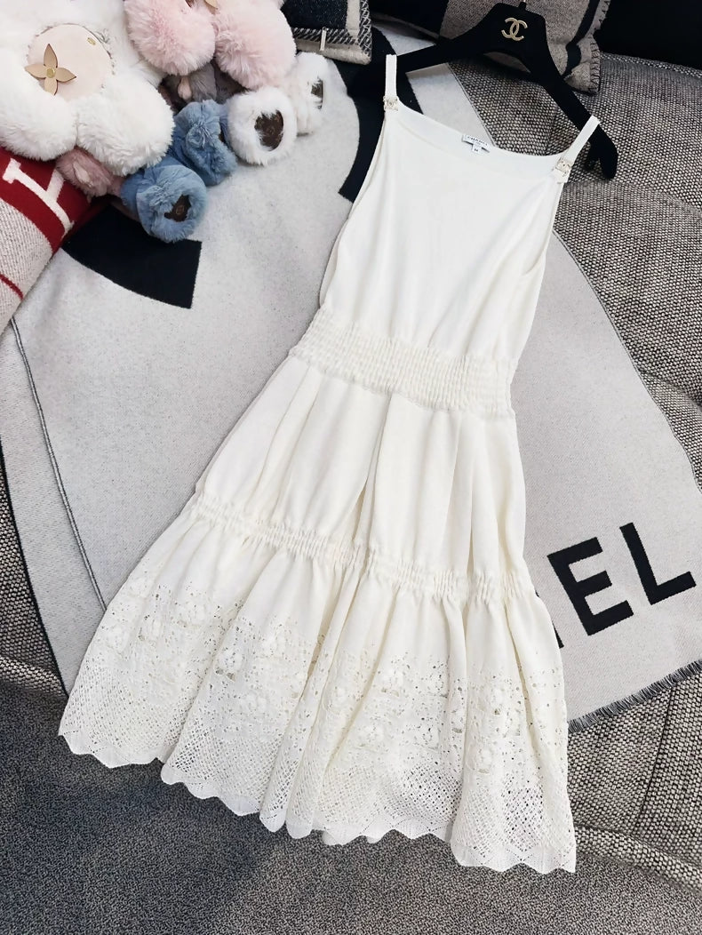 Chanel Off-White Knit Double C Strap Dress