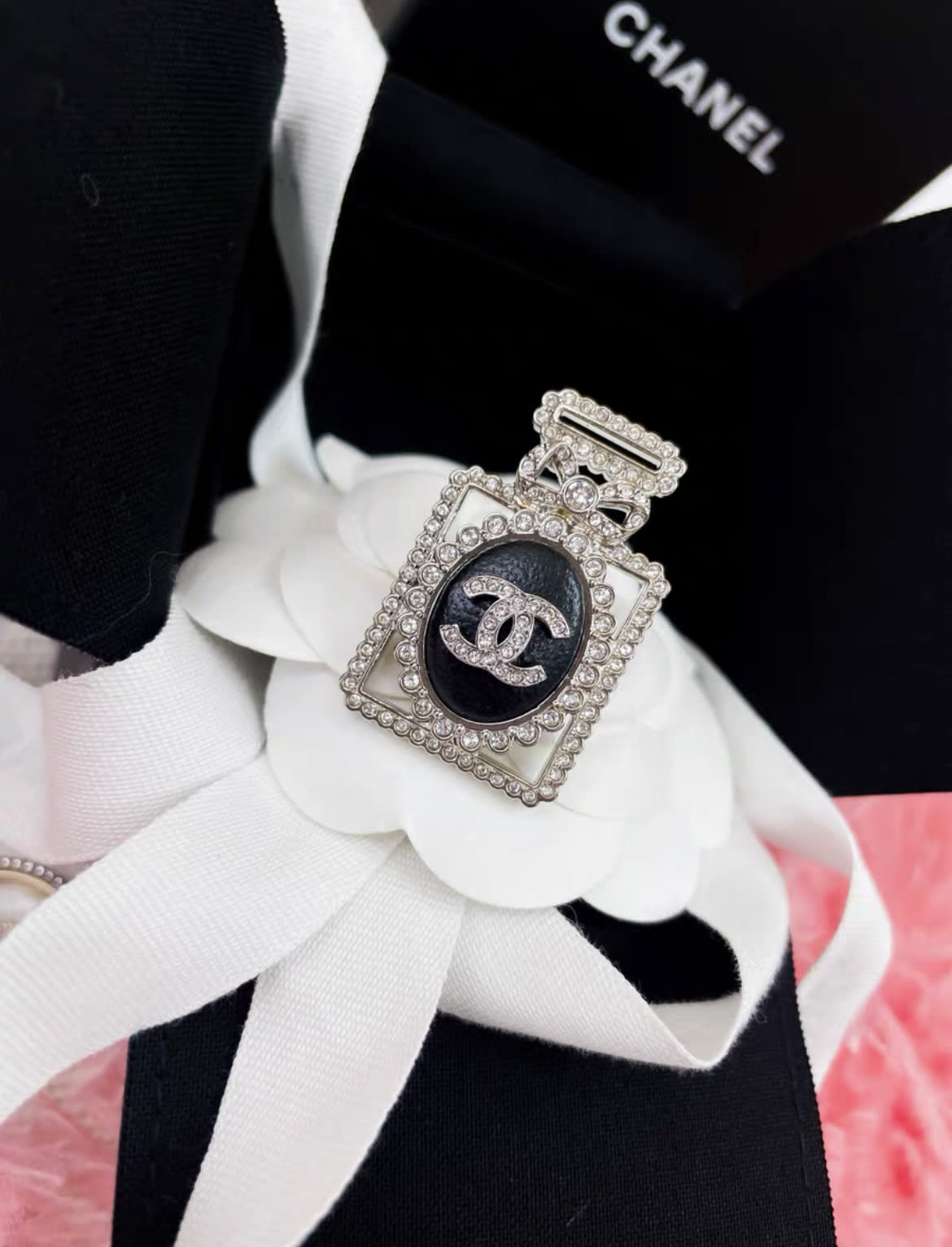 Chanel silver diamond perfume bottle brooch