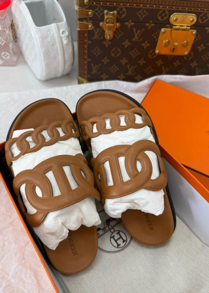 Hermes gold leather sandals