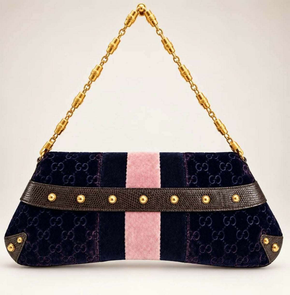 GUCCI Tom Ford XL Purple Velvet GG Exotic Lizard Trim Horsebit Clutch Bag