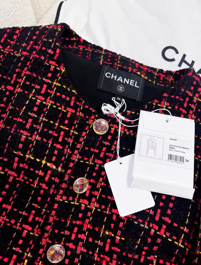 Chanel 22K red and black plaid tweed jacket