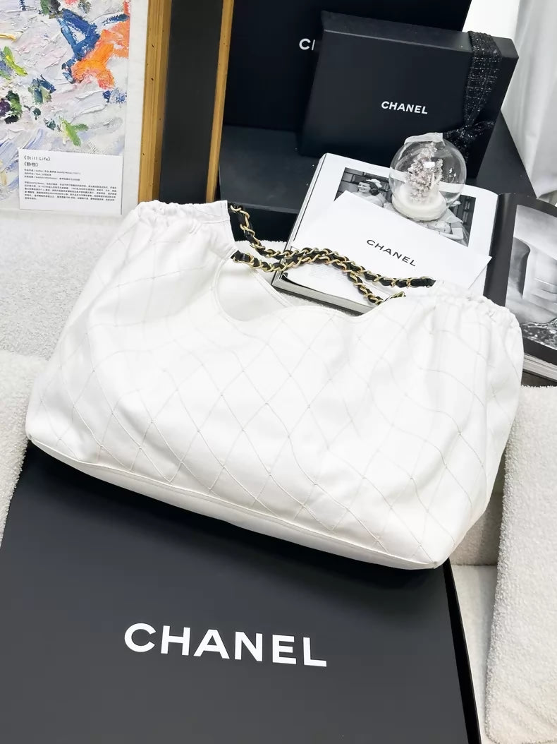 Chanel 26M black and white denim tote bag with double C logo
