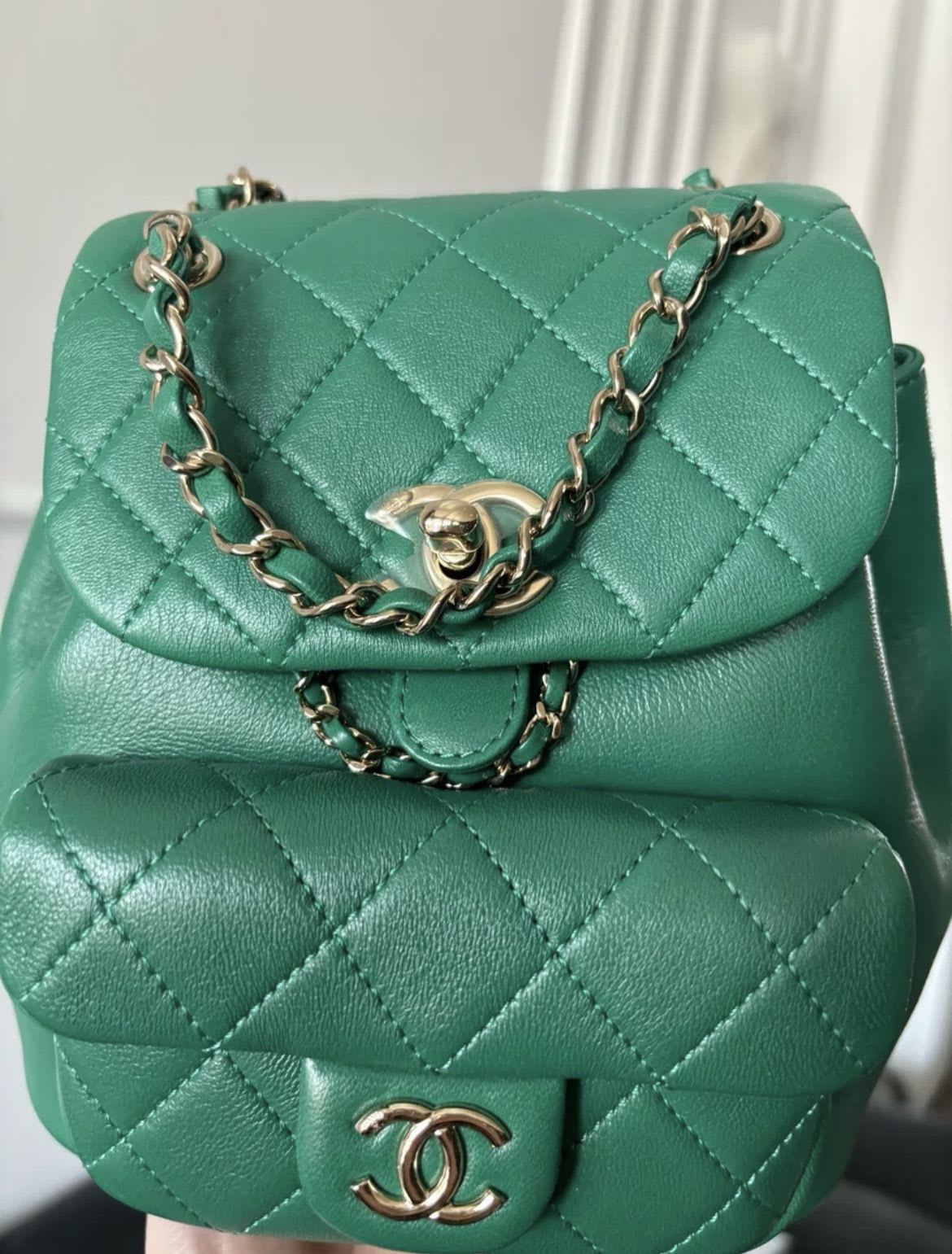 chanel duma backpack mini Chanel 22 Small Duma Backpack Green Lambskin Light Gold Hardware