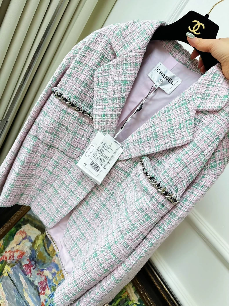 Chanel 21S pink and green tweed oversized coat