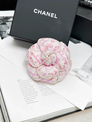 Chanel 25P pink tweed pearl camellia brooch