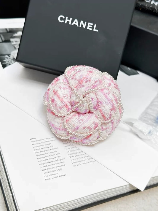 Chanel 25P pink tweed pearl camellia brooch
