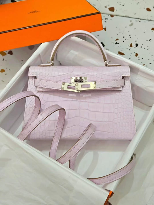Hermes Mini Kelly 20 mauve pale matte alligator leather palladium hardware