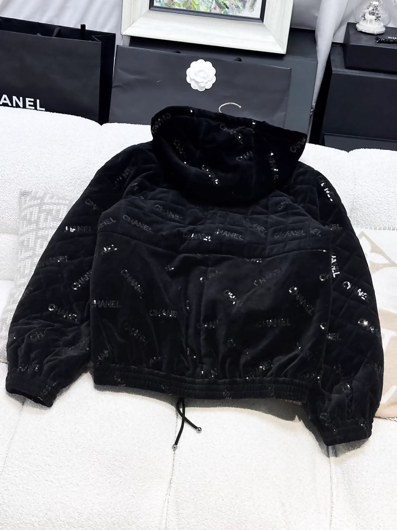 Chanel 22B black velvet sequined logo cotton coat