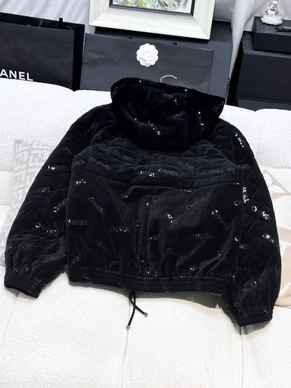 Chanel 22B black velvet sequined logo cotton coat