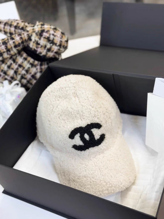 Chanel 25b off-white and black double C logo shearling baseball cap