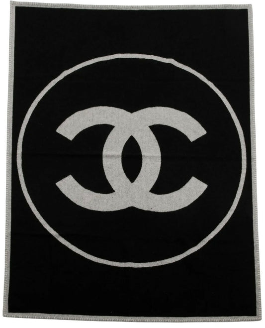 NWT Large Chanel Black & Grey Wool Cashmere CC Throw Blanket Decor