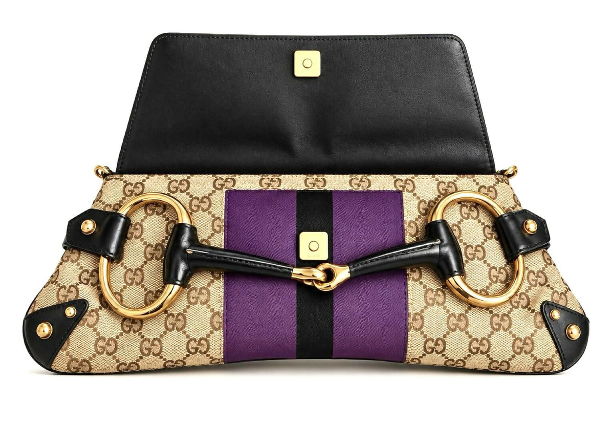 Gucci Large 1955 Tom Ford Classic Purple Black GG Monogram Horsebit Clutch Handbag Gold hardware