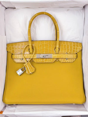 Hermes Birkin 30 touch in Jaune Ambre shiny alligator / Togo palladium Hardware