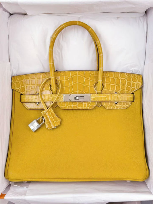 Hermes Birkin 30 touch in Jaune Ambre shiny alligator / Togo palladium Hardware