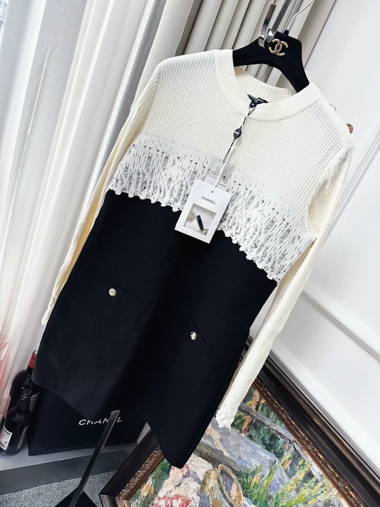 Chanel 20k Black and White Lace Patchwork Dress