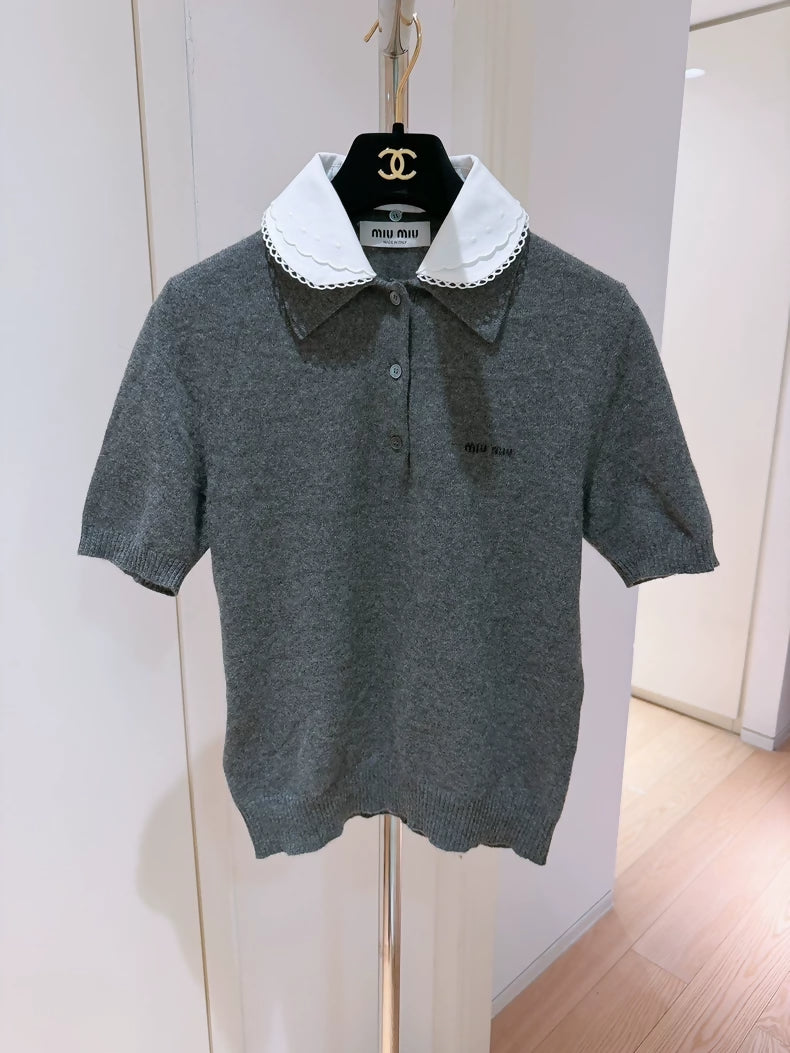 Miu Miu grey logo letter Peter Pan collar faux two-piece cashmere knit short-sleeved top