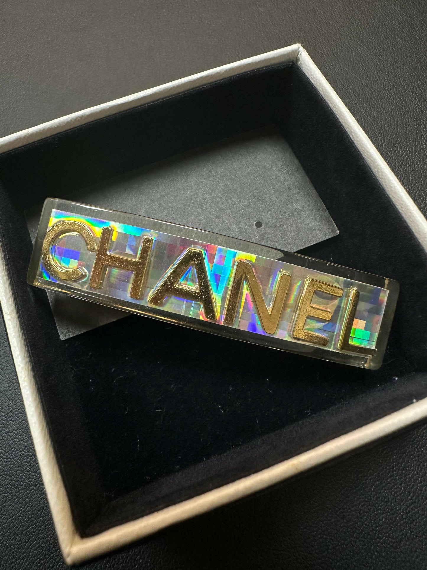 Chanel Vintage 97P iridescent Resin Logo Hairpin
