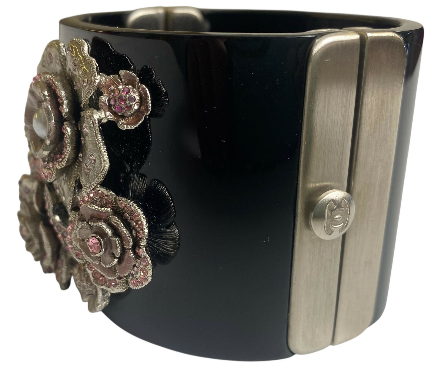 Rare Chanel 12P Black Pink Crystals Camellia Flower Double Sided CC Cuff Bracelet