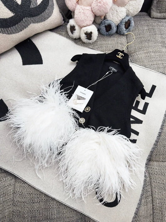 Chanel 23K black & white ostrich feather cashmere vest cardigan