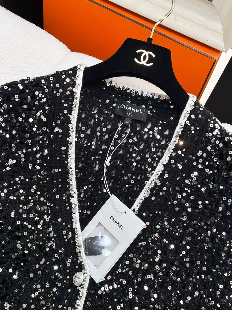 Chanel 23SS black sequinned cardigan,