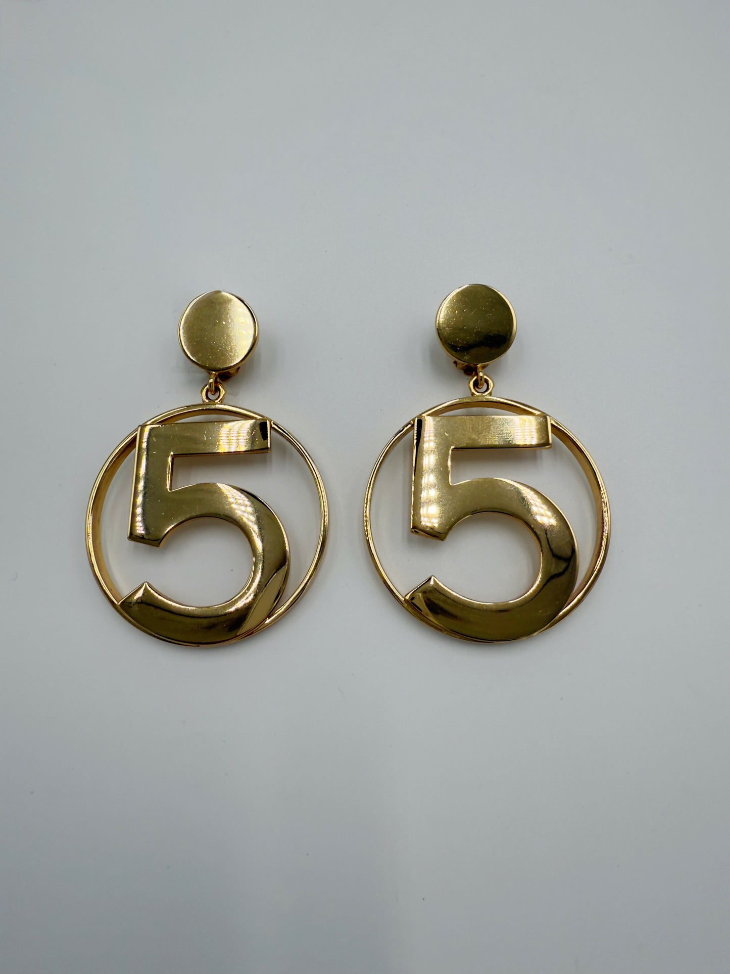 Chanel 1980s Runway Vintage Gold Plated Circle No.5 Dangle Earrings