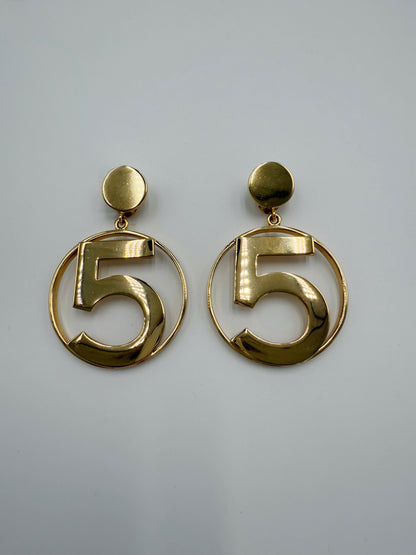 Chanel 1980s Runway Vintage Gold Plated Circle No.5 Dangle Earrings