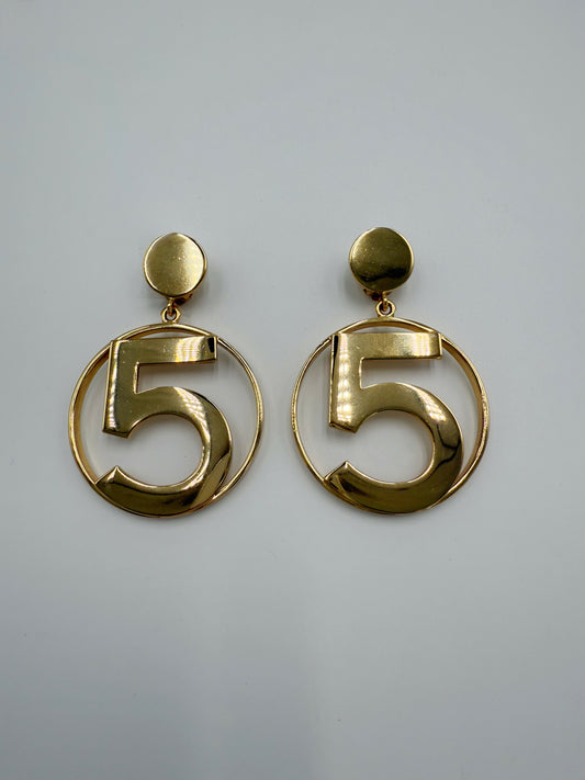 Chanel 1980s Runway Vintage Gold Plated Circle No.5 Dangle Earrings