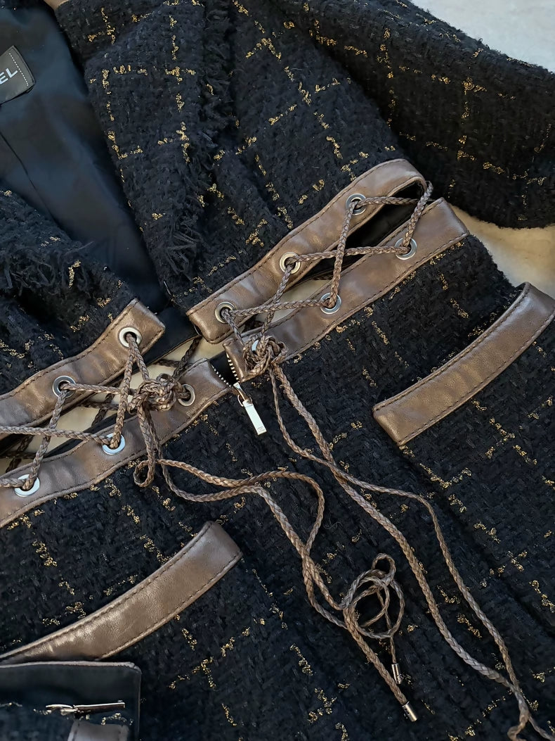 Chanel 16k black and gold tweed & leather jacket