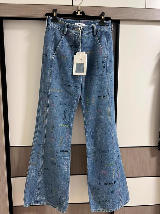 Chanel 22P graffiti denim wide-leg pants
